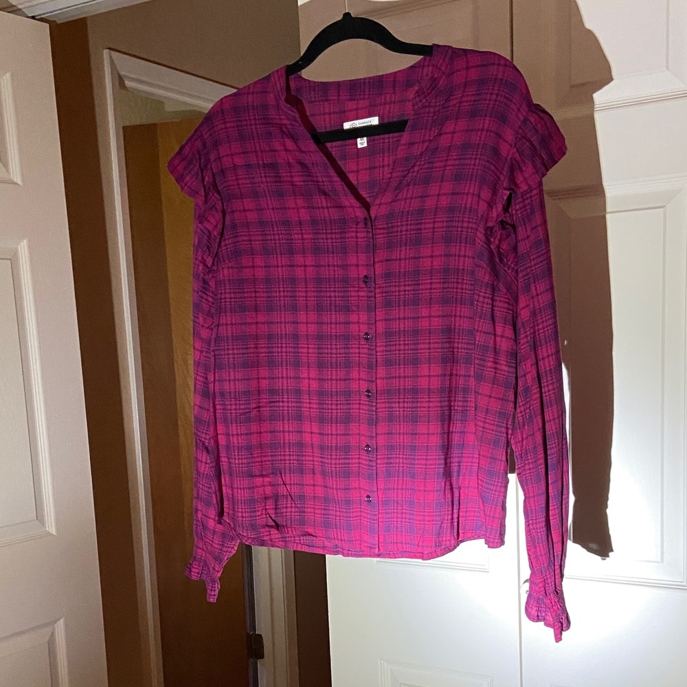 Candace Bure ruffled blouse, rose and purple plaid, size M.